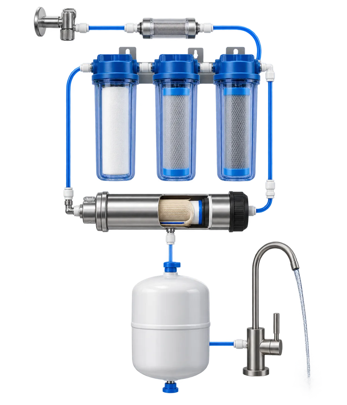 Exploded view of the Crystalina RO-10 reverse osmosis system showing each filter stage and component separated in a vertical stack
