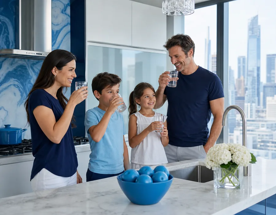 Family drinking clean filtered water